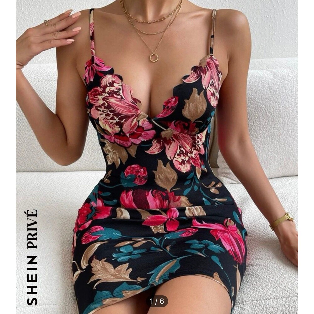 SHEIN Privé Floral Print Scallop Trim Cami Bodycon Dress